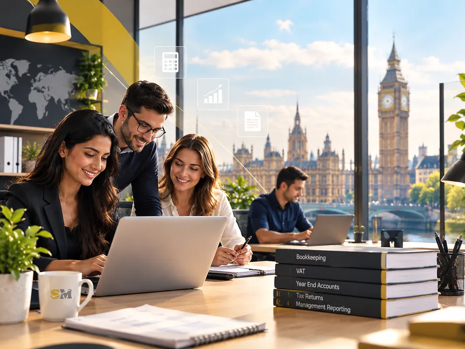 Three colleagues working together at a laptop in a bright office, with a fourth colleague working behind them and the Houses of Parliament visible through the window